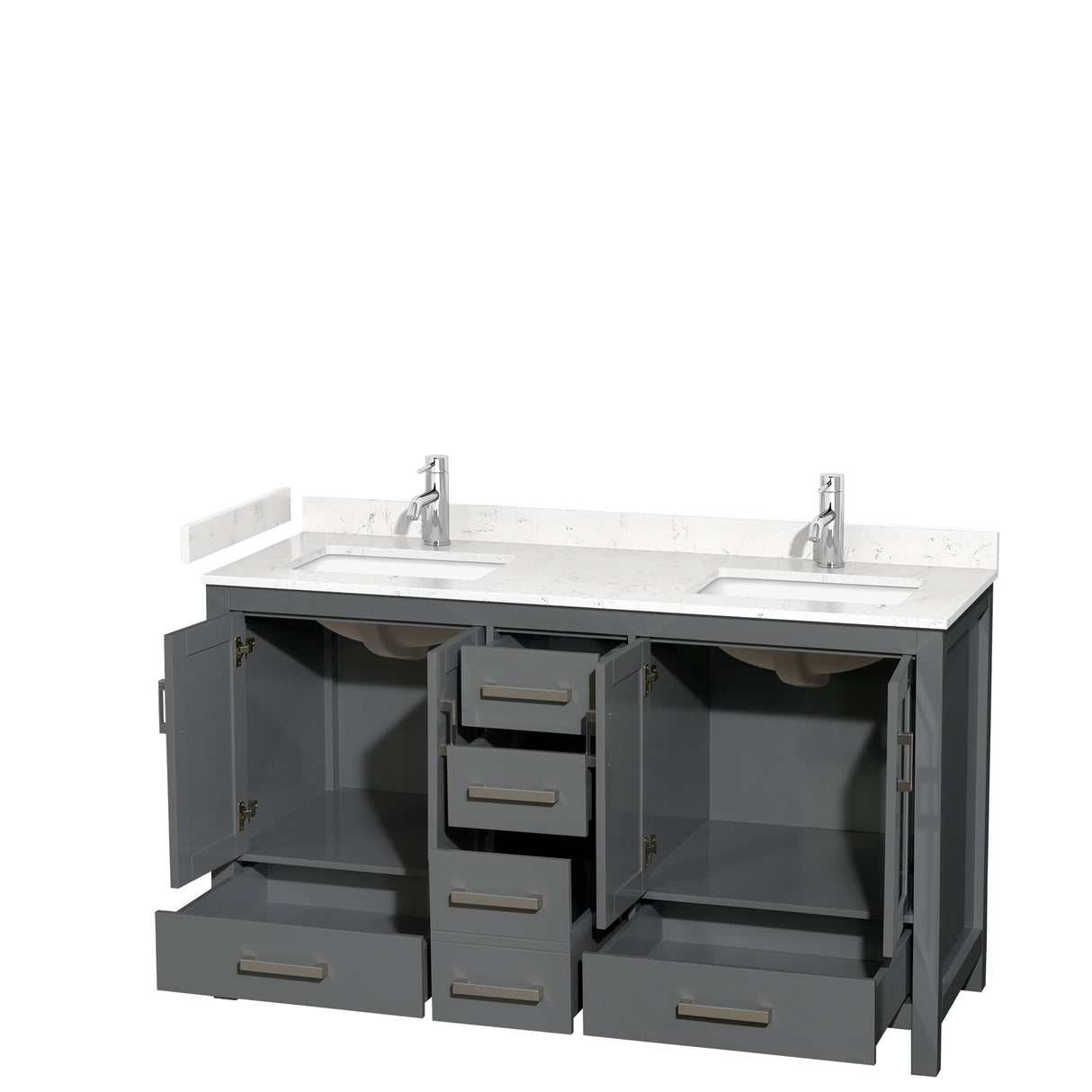Sheffield 60 Inch Double Bathroom Vanity in Dark Gray Carrara Cultured Marble Countertop Undermount Square Sinks No Mirror