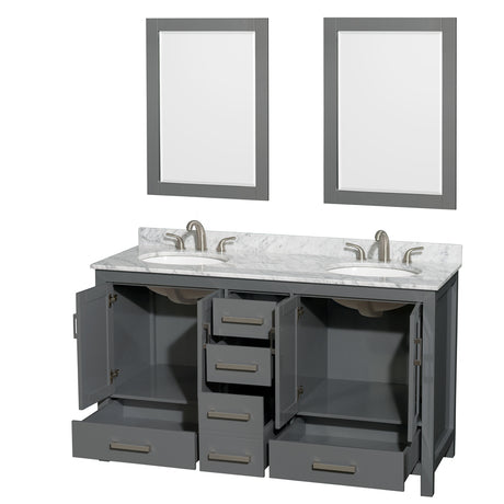 Sheffield 60 Inch Double Bathroom Vanity in Dark Gray White Carrara Marble Countertop Undermount Oval Sinks and 24 Inch Mirrors