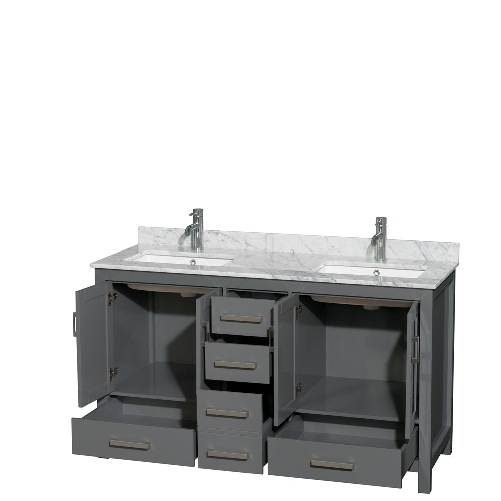 Sheffield 60 Inch Double Bathroom Vanity in Dark Gray White Carrara Marble Countertop Undermount Square Sinks and No Mirror