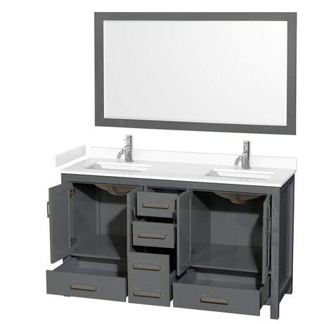 Sheffield 60 Inch Double Bathroom Vanity in Dark Gray White Cultured Marble Countertop Undermount Square Sinks 58 Inch Mirror