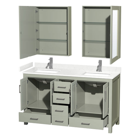 Sheffield 60 inch Double Bathroom Vanity in Light Green Carrara Cultured Marble Countertop Undermount Square Sinks Brushed Nickel Trim Medicine Cabinets