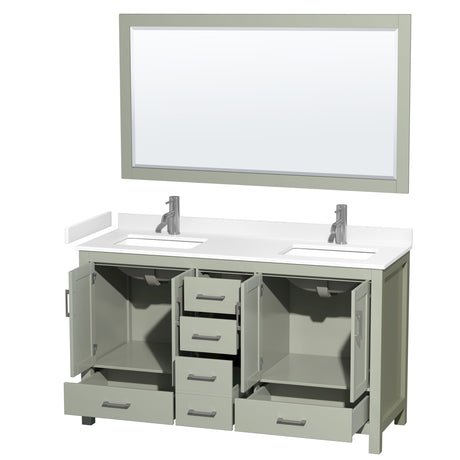 Sheffield 60 inch Double Bathroom Vanity in Light Green White Cultured Marble Countertop Undermount Square Sinks Brushed Nickel Trim 58 inch Mirror