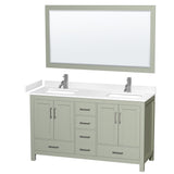 Sheffield 60 inch Double Bathroom Vanity in Light Green White Cultured Marble Countertop Undermount Square Sinks Brushed Nickel Trim 58 inch Mirror