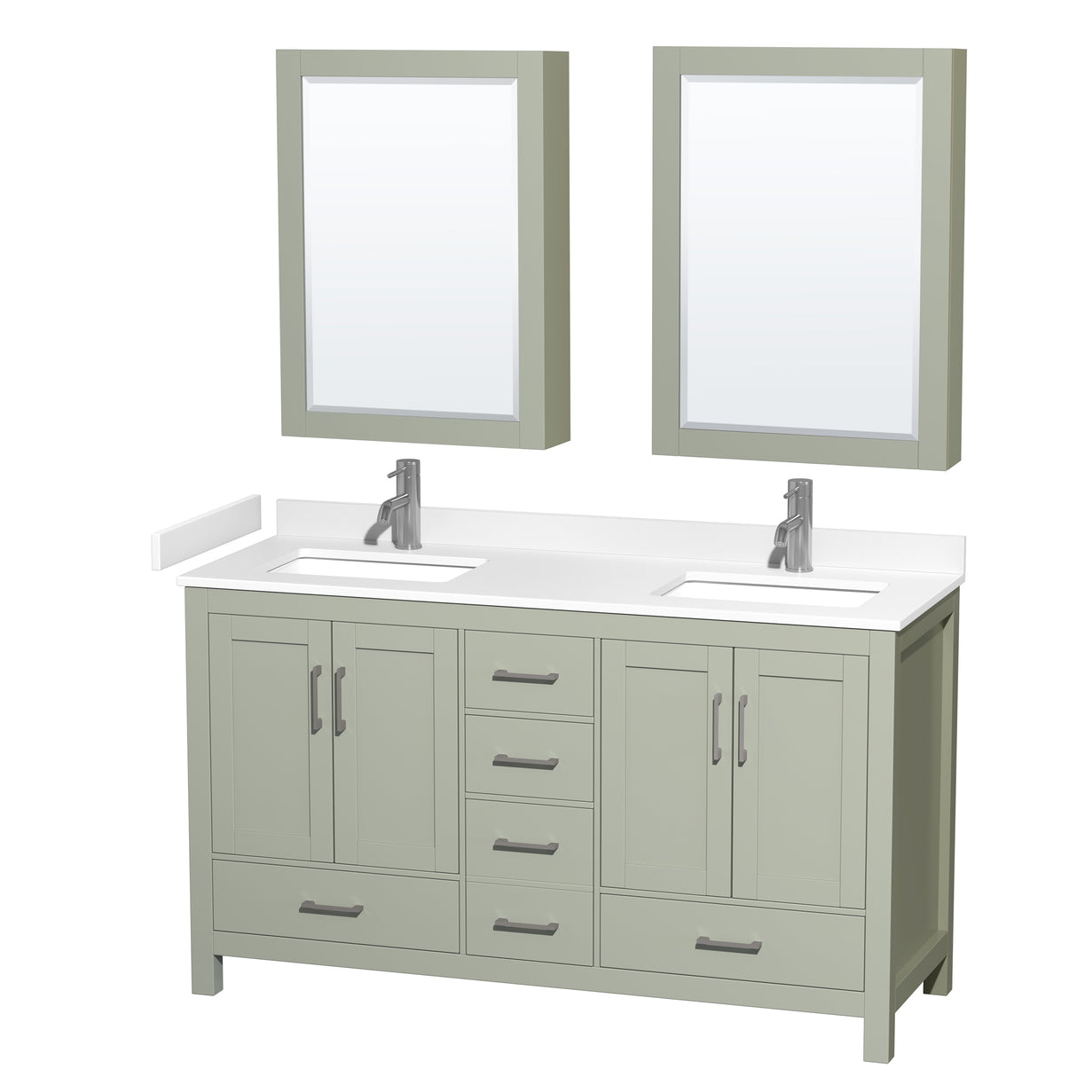 Sheffield 60 inch Double Bathroom Vanity in Light Green White Cultured Marble Countertop Undermount Square Sinks Brushed Nickel Trim Medicine Cabinets
