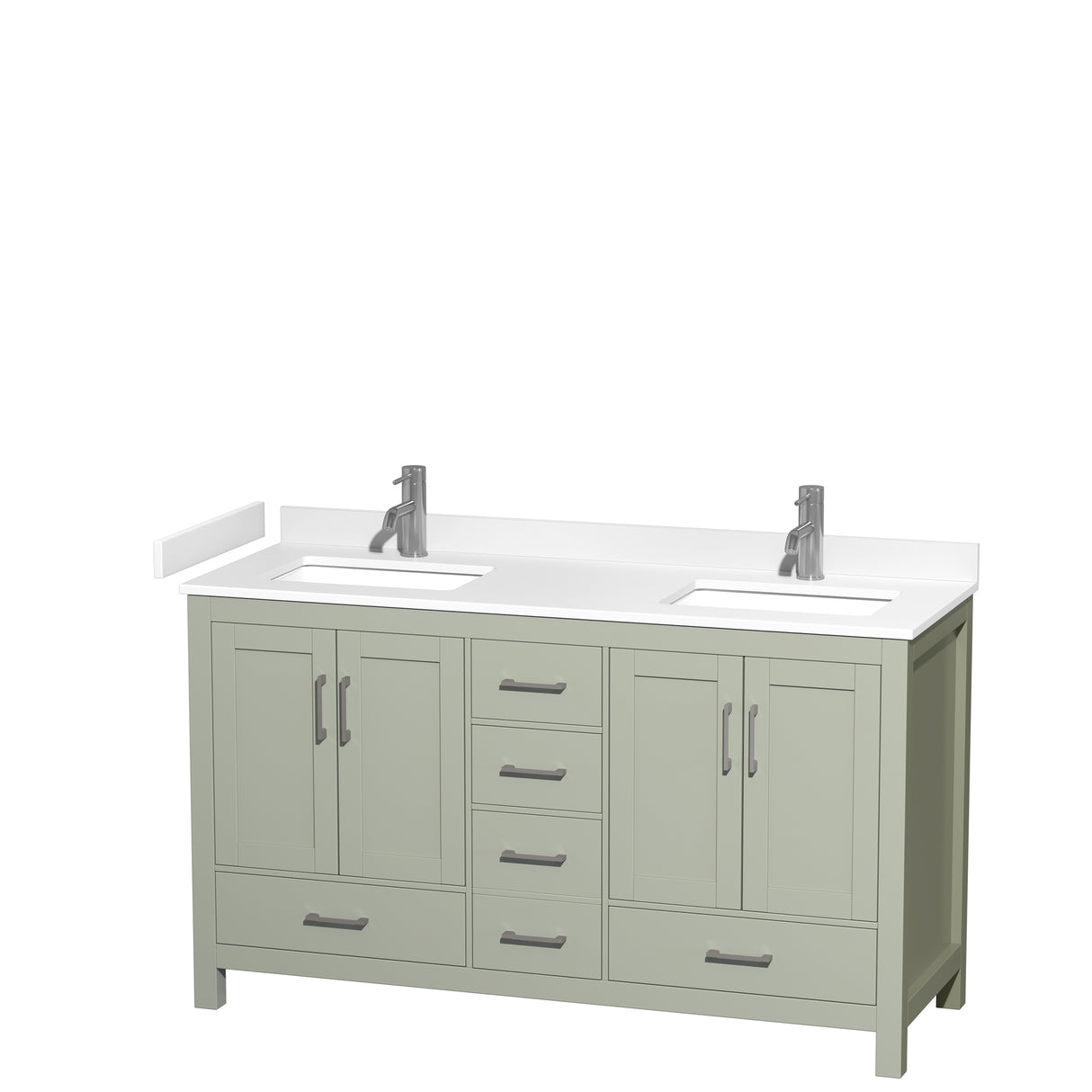 Sheffield 60 inch Double Bathroom Vanity in Light Green White Cultured Marble Countertop Undermount Square Sinks Brushed Nickel Trim