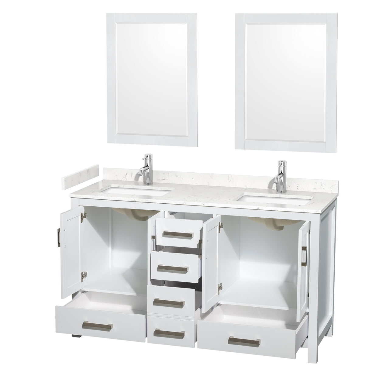 Sheffield 60 Inch Double Bathroom Vanity in White Carrara Cultured Marble Countertop Undermount Square Sinks 24 Inch Mirrors