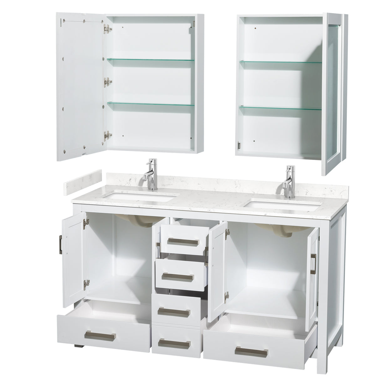 Sheffield 60 Inch Double Bathroom Vanity in White Carrara Cultured Marble Countertop Undermount Square Sinks Medicine Cabinets