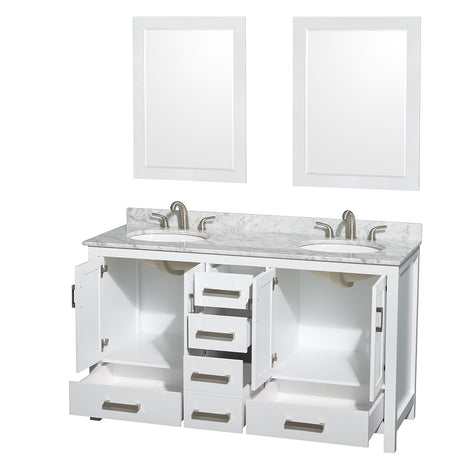 Sheffield 60 Inch Double Bathroom Vanity in White White Carrara Marble Countertop Undermount Oval Sinks and 24 Inch Mirrors