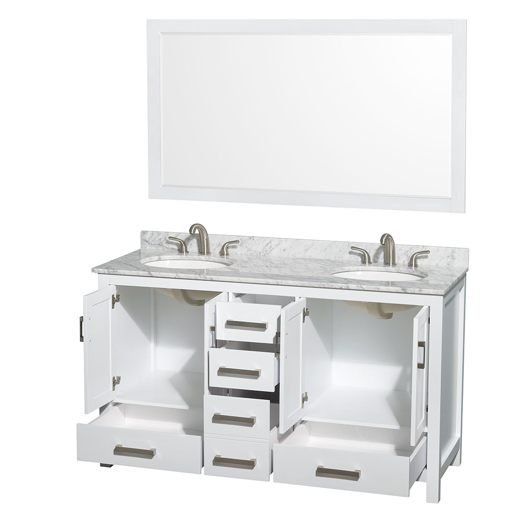 Sheffield 60 Inch Double Bathroom Vanity in White White Carrara Marble Countertop Undermount Oval Sinks and 58 Inch Mirror