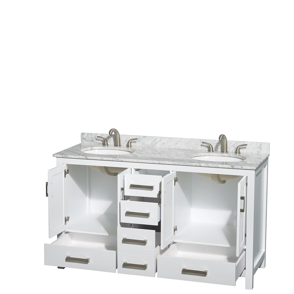 Sheffield 60 Inch Double Bathroom Vanity in White White Carrara Marble Countertop Undermount Oval Sinks and No Mirror