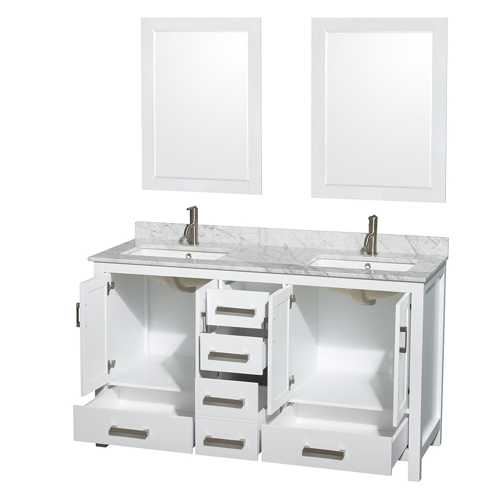 Sheffield 60 Inch Double Bathroom Vanity in White White Carrara Marble Countertop Undermount Square Sinks and 24 Inch Mirrors
