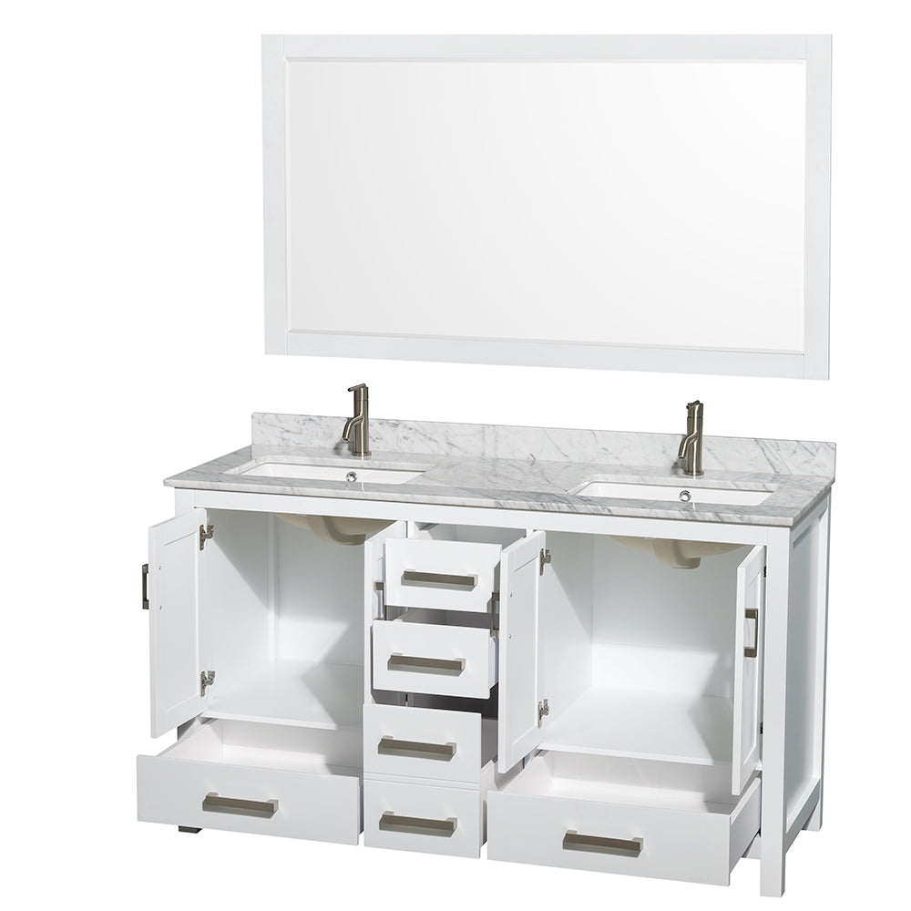 Sheffield 60 Inch Double Bathroom Vanity in White White Carrara Marble Countertop Undermount Square Sinks and 58 Inch Mirror