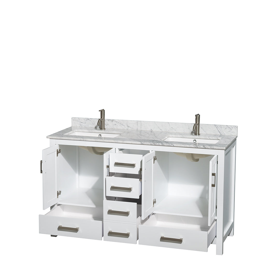 Sheffield 60 Inch Double Bathroom Vanity in White White Carrara Marble Countertop Undermount Square Sinks and No Mirror
