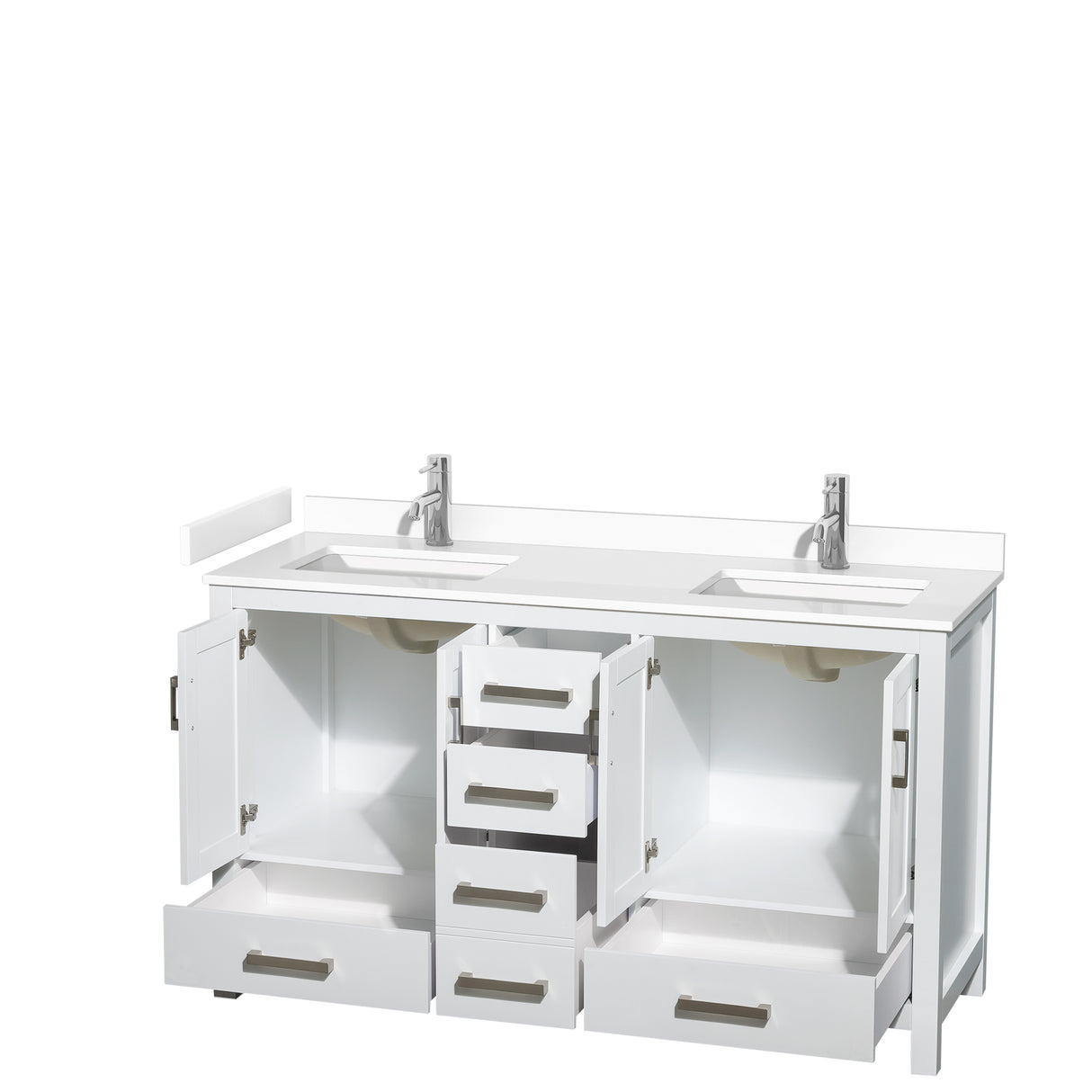 Sheffield 60 Inch Double Bathroom Vanity in White White Cultured Marble Countertop Undermount Square Sinks No Mirror