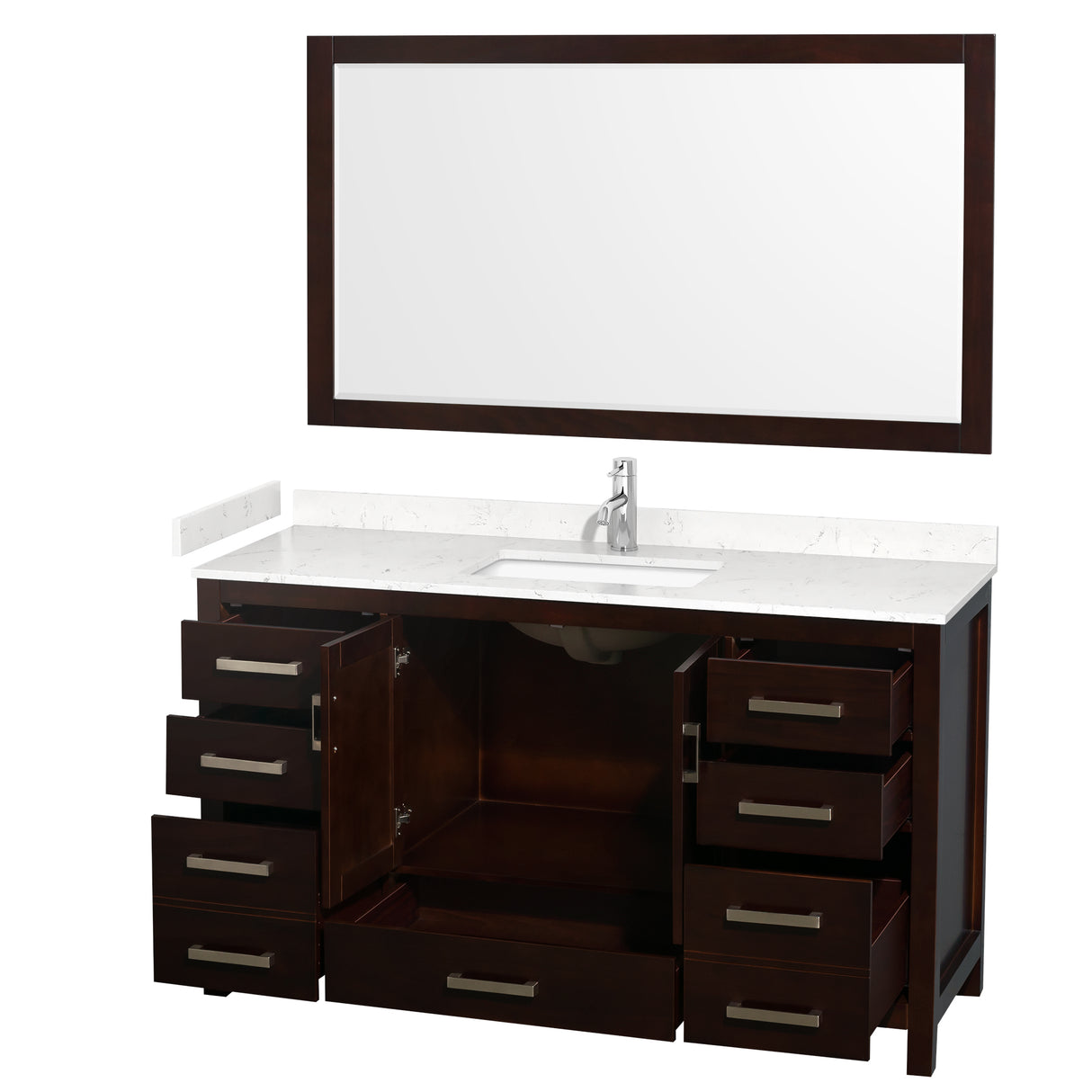 Sheffield 60 Inch Single Bathroom Vanity in Espresso Carrara Cultured Marble Countertop Undermount Square Sink 58 Inch Mirror