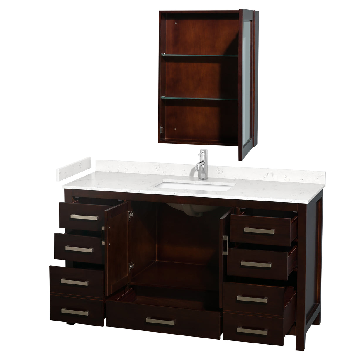 Sheffield 60 Inch Single Bathroom Vanity in Espresso Carrara Cultured Marble Countertop Undermount Square Sink Medicine Cabinet