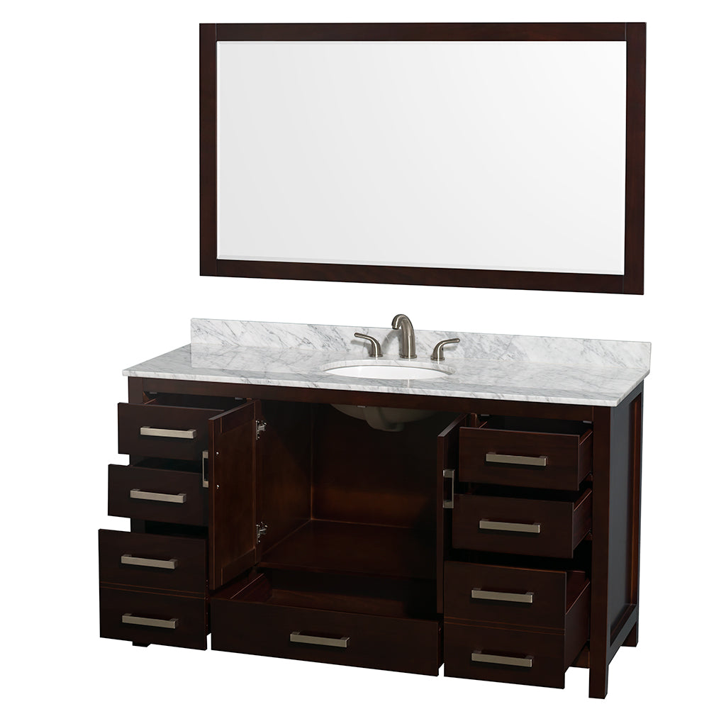 Sheffield 60 Inch Single Bathroom Vanity in Espresso White Carrara Marble Countertop Undermount Oval Sink and 58 Inch Mirror