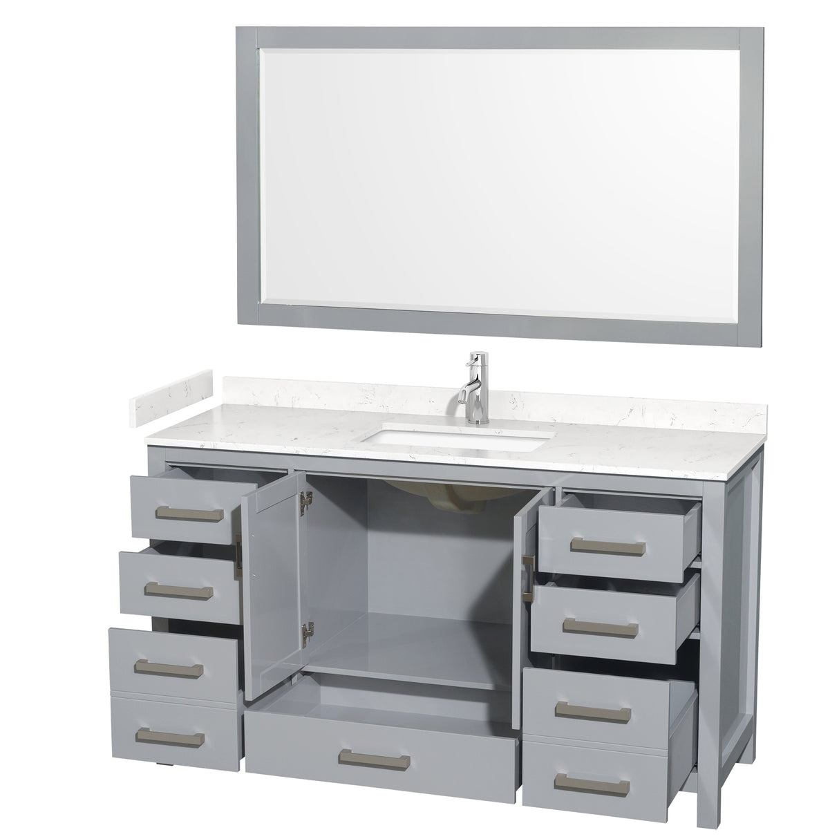 Sheffield 60 Inch Single Bathroom Vanity in Gray Carrara Cultured Marble Countertop Undermount Square Sink 58 Inch Mirror