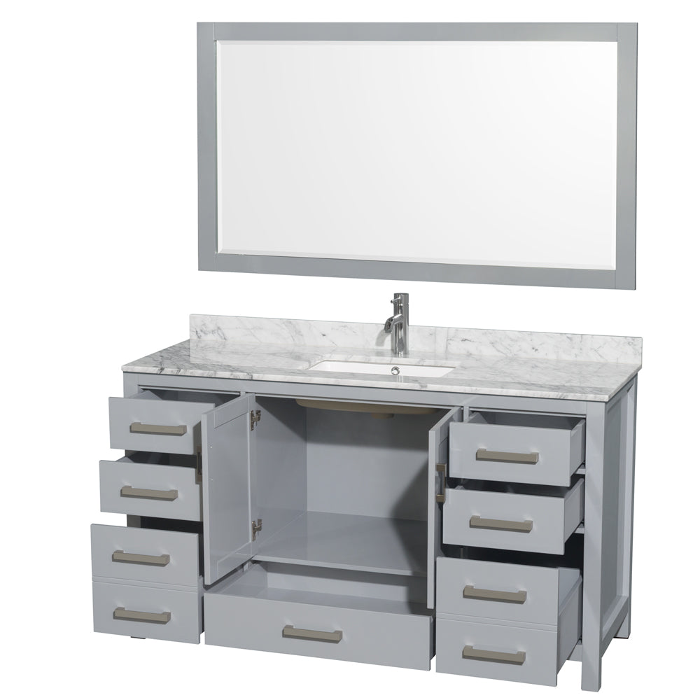 Sheffield 60 Inch Single Bathroom Vanity in Gray White Carrara Marble Countertop Undermount Square Sink and 58 Inch Mirror