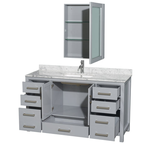 Sheffield 60 Inch Single Bathroom Vanity in Gray White Carrara Marble Countertop Undermount Square Sink and Medicine Cabinet