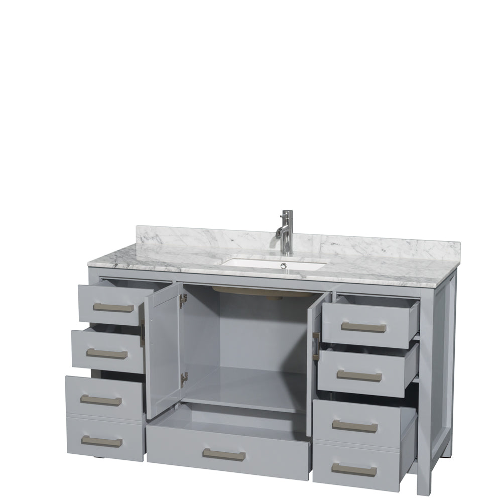 Sheffield 60 Inch Single Bathroom Vanity in Gray White Carrara Marble Countertop Undermount Square Sink and No Mirror