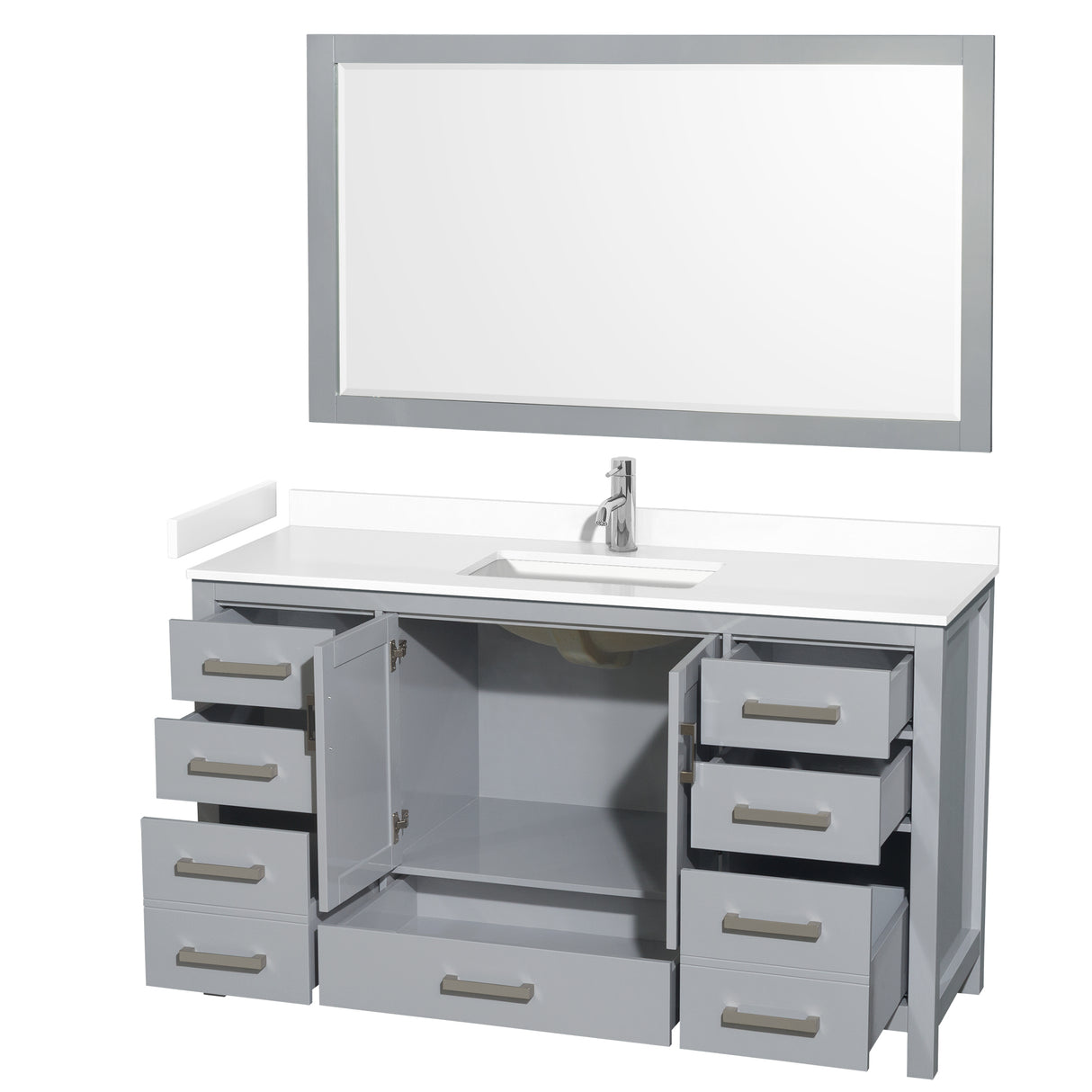 Sheffield 60 Inch Single Bathroom Vanity in Gray White Cultured Marble Countertop Undermount Square Sink 58 Inch Mirror