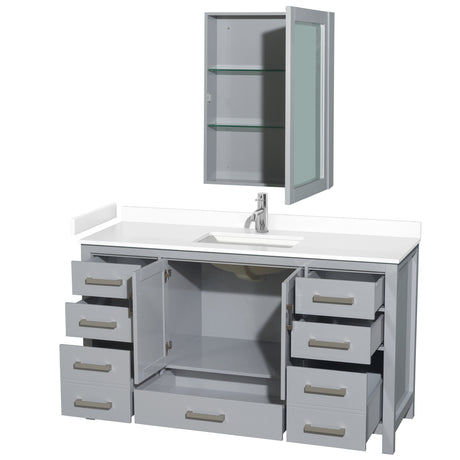 Sheffield 60 Inch Single Bathroom Vanity in Gray White Cultured Marble Countertop Undermount Square Sink Medicine Cabinet