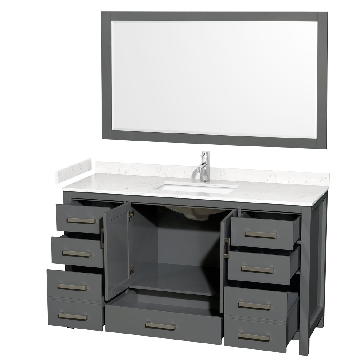 Sheffield 60 Inch Single Bathroom Vanity in Dark Gray Carrara Cultured Marble Countertop Undermount Square Sink 58 Inch Mirror
