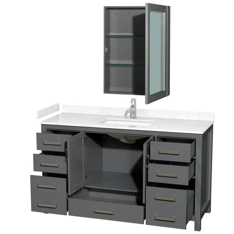Sheffield 60 Inch Single Bathroom Vanity in Dark Gray Carrara Cultured Marble Countertop Undermount Square Sink Medicine Cabinet