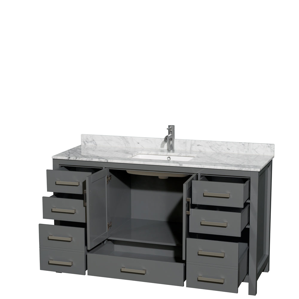 Sheffield 60 Inch Single Bathroom Vanity in Dark Gray White Carrara Marble Countertop Undermount Square Sink and No Mirror