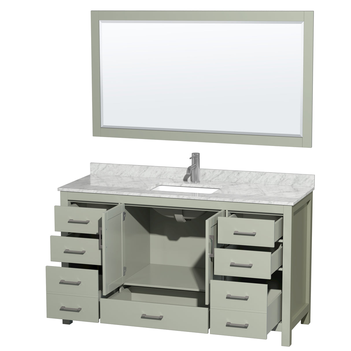 Sheffield 60 inch Single Bathroom Vanity in Light Green White Carrara Marble Countertop Undermount Square Sink Brushed Nickel Trim 58 inch Mirror