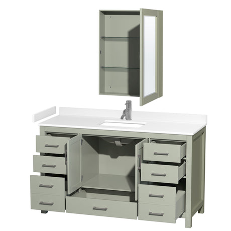 Sheffield 60 inch Single Bathroom Vanity in Light Green White Cultured Marble Countertop Undermount Square Sink Brushed Nickel Trim Medicine Cabinet