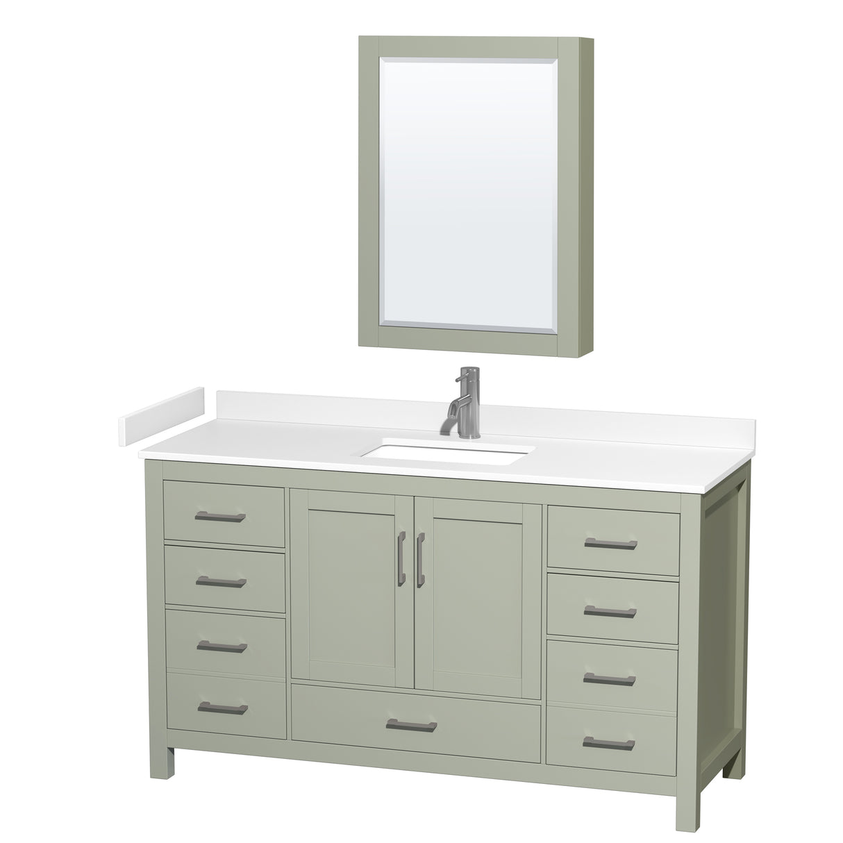 Sheffield 60 inch Single Bathroom Vanity in Light Green White Cultured Marble Countertop Undermount Square Sink Brushed Nickel Trim Medicine Cabinet