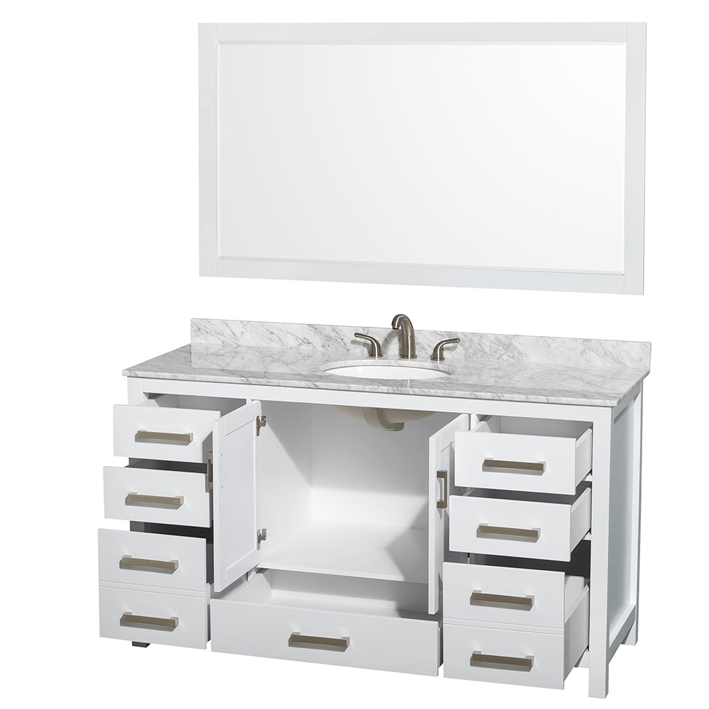 Sheffield 60 Inch Single Bathroom Vanity in White White Carrara Marble Countertop Undermount Oval Sink and 58 Inch Mirror