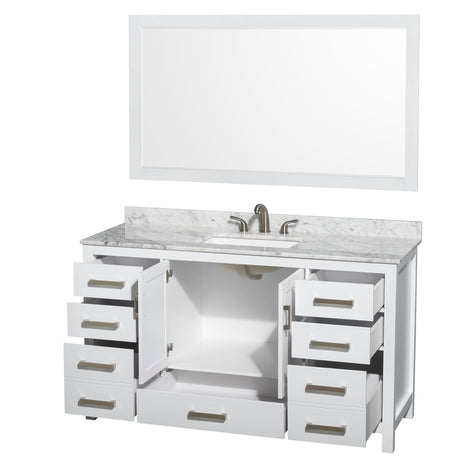Sheffield 60 Inch Single Bathroom Vanity in White White Carrara Marble Countertop Undermount 3-Hole Square Sink 58 Inch Mirror