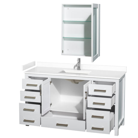 Sheffield 60 Inch Single Bathroom Vanity in White White Cultured Marble Countertop Undermount Square Sink Medicine Cabinet