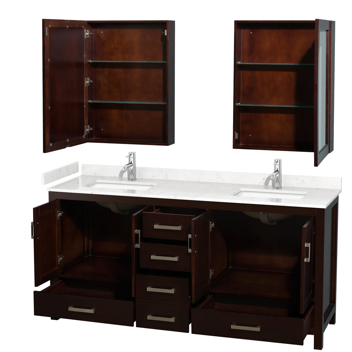 Sheffield 72 Inch Double Bathroom Vanity in Espresso Carrara Cultured Marble Countertop Undermount Square Sinks Medicine Cabinets