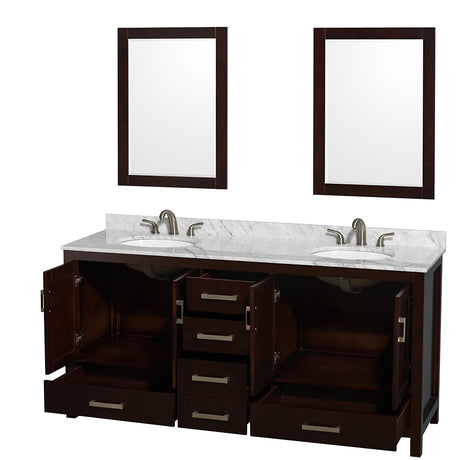 Sheffield 72 Inch Double Bathroom Vanity in Espresso White Carrara Marble Countertop Undermount Oval Sinks and 24 Inch Mirrors