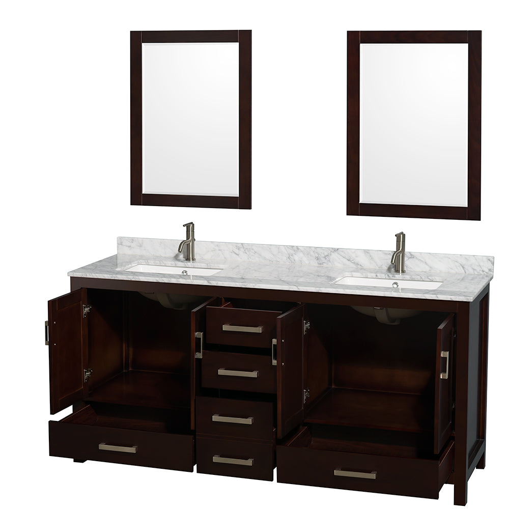 Sheffield 72 Inch Double Bathroom Vanity in Espresso White Carrara Marble Countertop Undermount Square Sinks and 24 Inch Mirrors