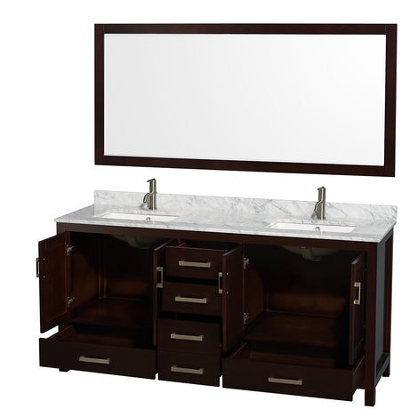 Sheffield 72 Inch Double Bathroom Vanity in Espresso White Carrara Marble Countertop Undermount Square Sinks and 70 Inch Mirror