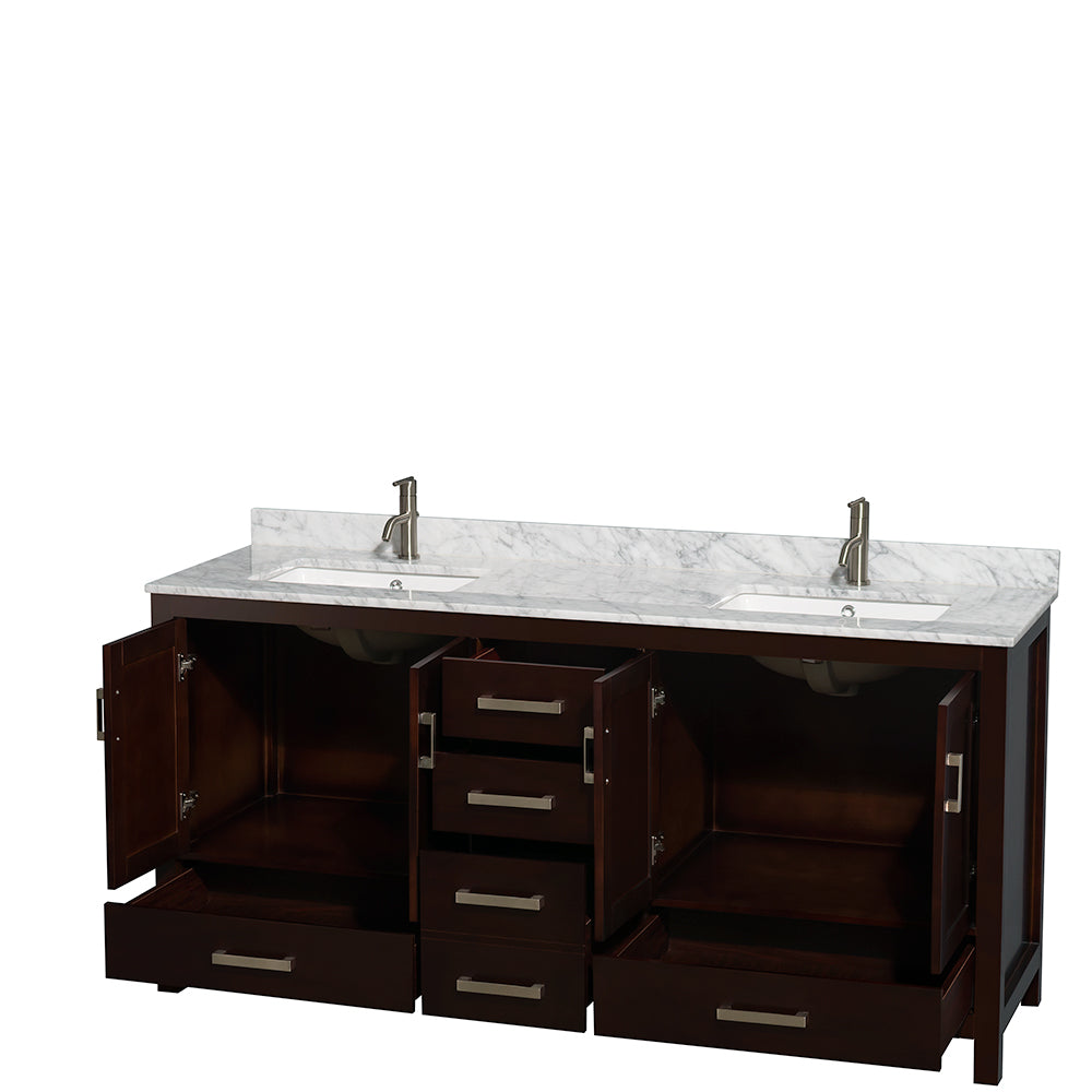 Sheffield 72 Inch Double Bathroom Vanity in Espresso White Carrara Marble Countertop Undermount Square Sinks and No Mirror