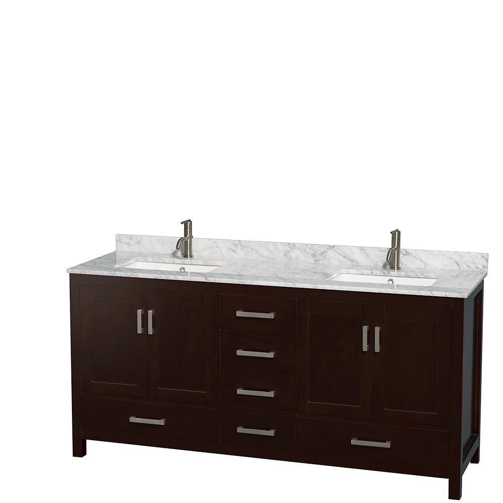 Sheffield 72 Inch Double Bathroom Vanity in Espresso White Carrara Marble Countertop Undermount Square Sinks and 70 Inch Mirror
