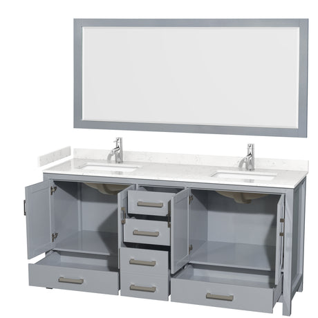 Sheffield 72 Inch Double Bathroom Vanity in Gray Carrara Cultured Marble Countertop Undermount Square Sinks 70 Inch Mirror