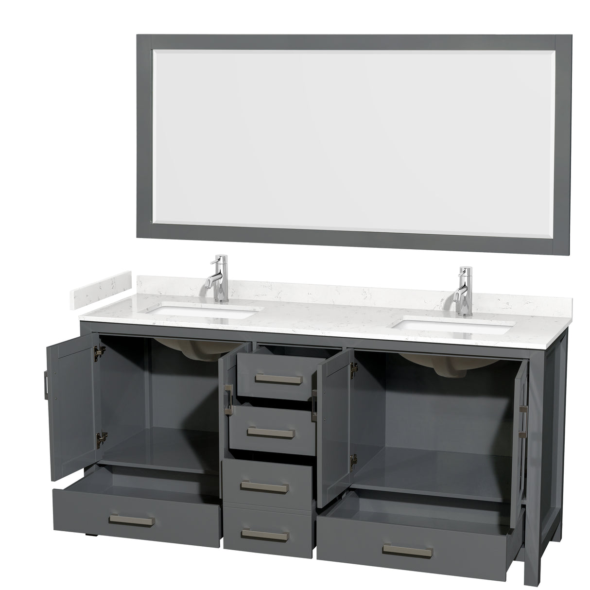 Sheffield 72 Inch Double Bathroom Vanity in Dark Gray Carrara Cultured Marble Countertop Undermount Square Sinks 70 Inch Mirror