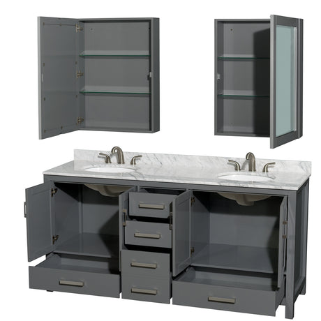 Sheffield 72 Inch Double Bathroom Vanity in Dark Gray White Carrara Marble Countertop Undermount Oval Sinks and Medicine Cabinets