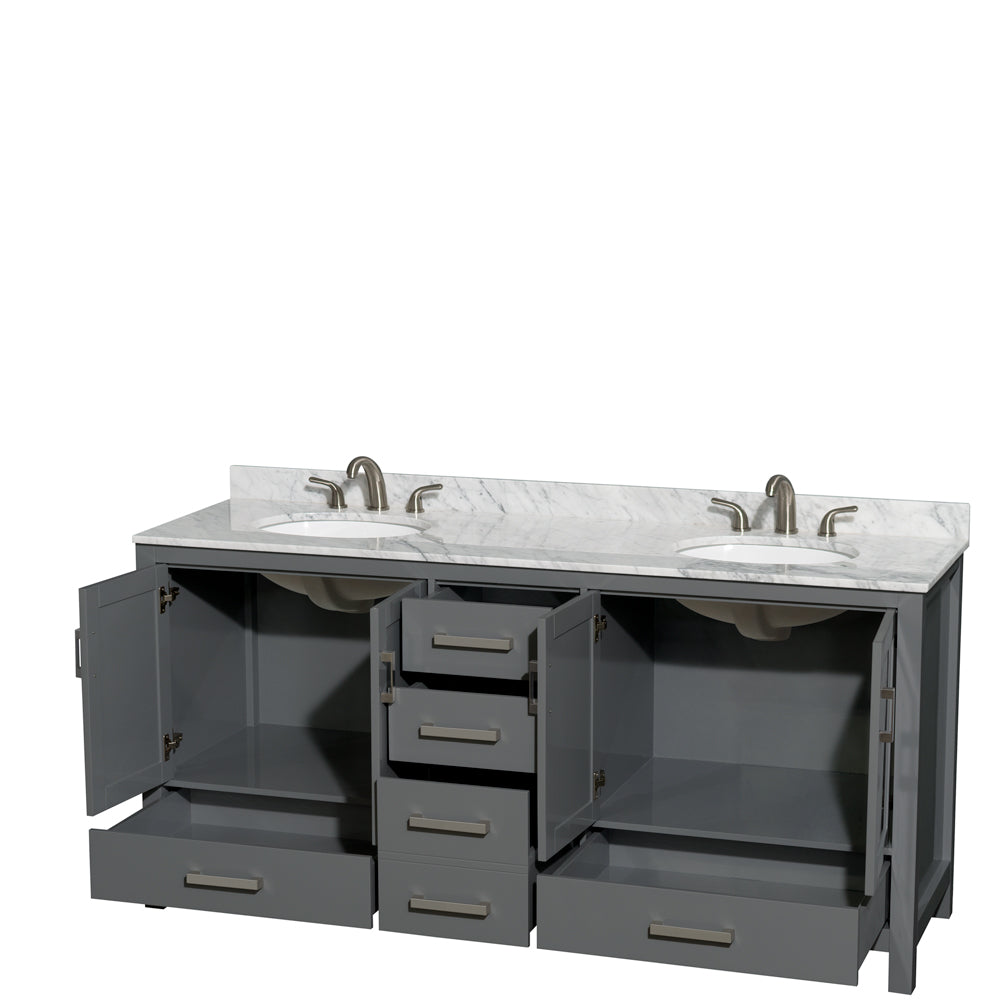 Sheffield 72 Inch Double Bathroom Vanity in Dark Gray White Carrara Marble Countertop Undermount Oval Sinks and No Mirror