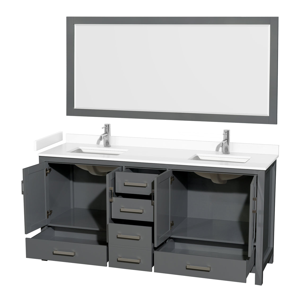 Sheffield 72 Inch Double Bathroom Vanity in Dark Gray White Cultured Marble Countertop Undermount Square Sinks 70 Inch Mirror