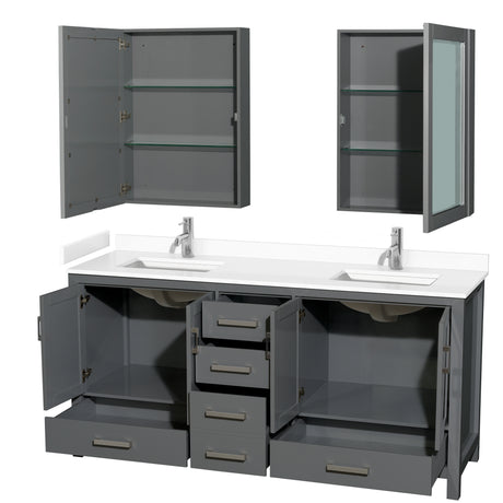 Sheffield 72 Inch Double Bathroom Vanity in Dark Gray White Cultured Marble Countertop Undermount Square Sinks Medicine Cabinets