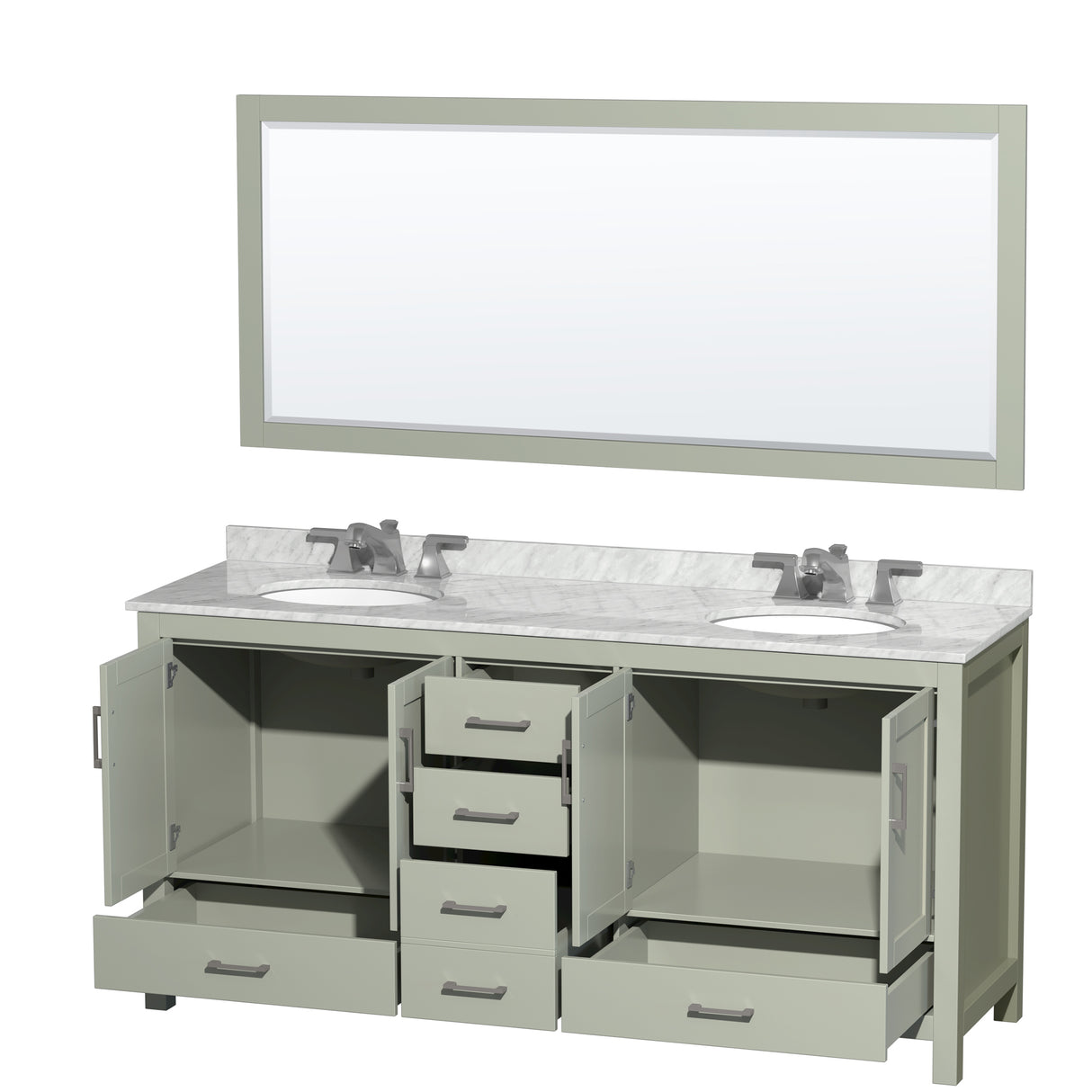 Sheffield 72 inch Double Bathroom Vanity in Light Green White Carrara Marble Countertop Undermount Oval Sinks Brushed Nickel Trim 70 inch Mirror