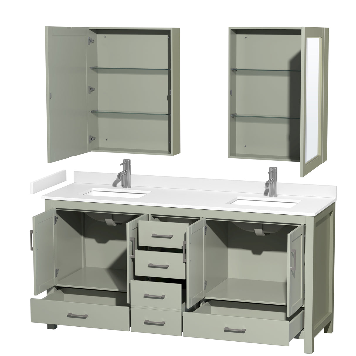 Sheffield 72 inch Double Bathroom Vanity in Light Green White Cultured Marble Countertop Undermount Square Sinks Brushed Nickel Trim Medicine Cabinets